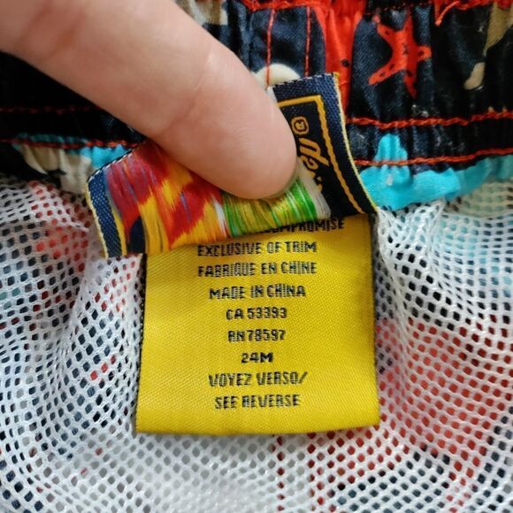 Plaid fish swim trunks boys size 24 mos sharks red white blue swimsuit summer - Picture 3 of 7